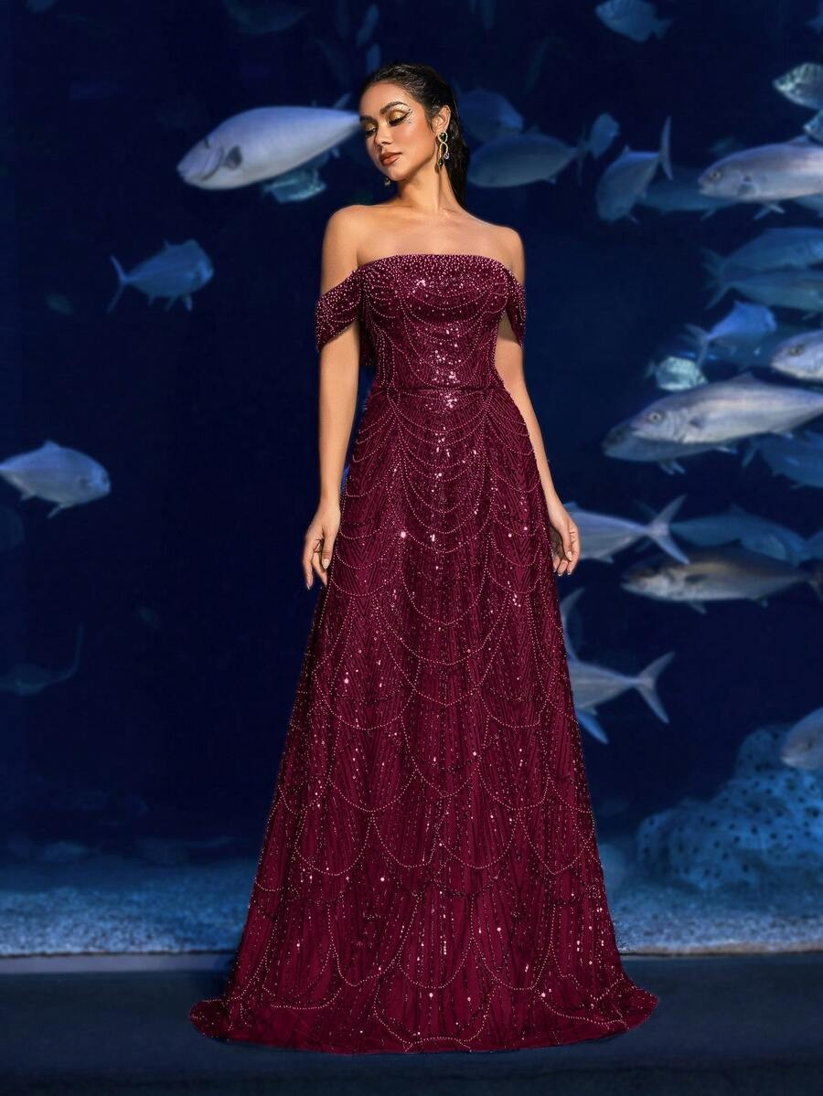 SD3216 Off-Shoulder Shimmering Fish Tail Gown
