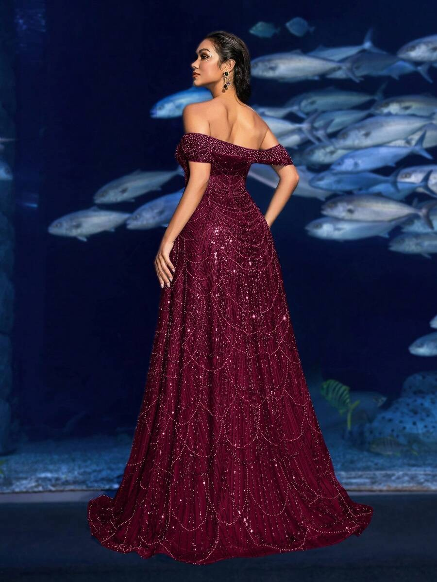 SD3216 Off-Shoulder Shimmering Fish Tail Gown