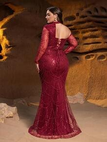 SD3245 One-Shoulder Fish-Scale Sequin Gown - UK24 (4XL), Burgundy image