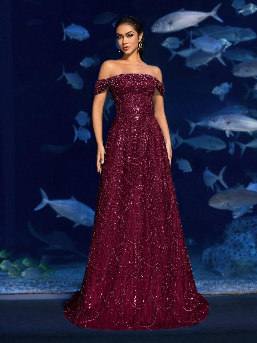 SD3216 Off-Shoulder Shimmering Fish Tail Gown