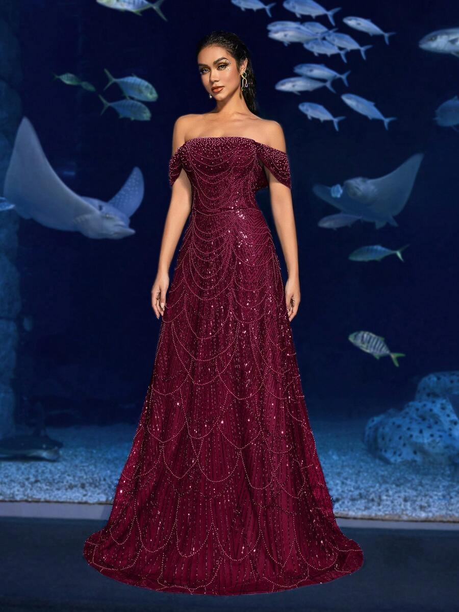 SD3216 Off-Shoulder Shimmering Fish Tail Gown