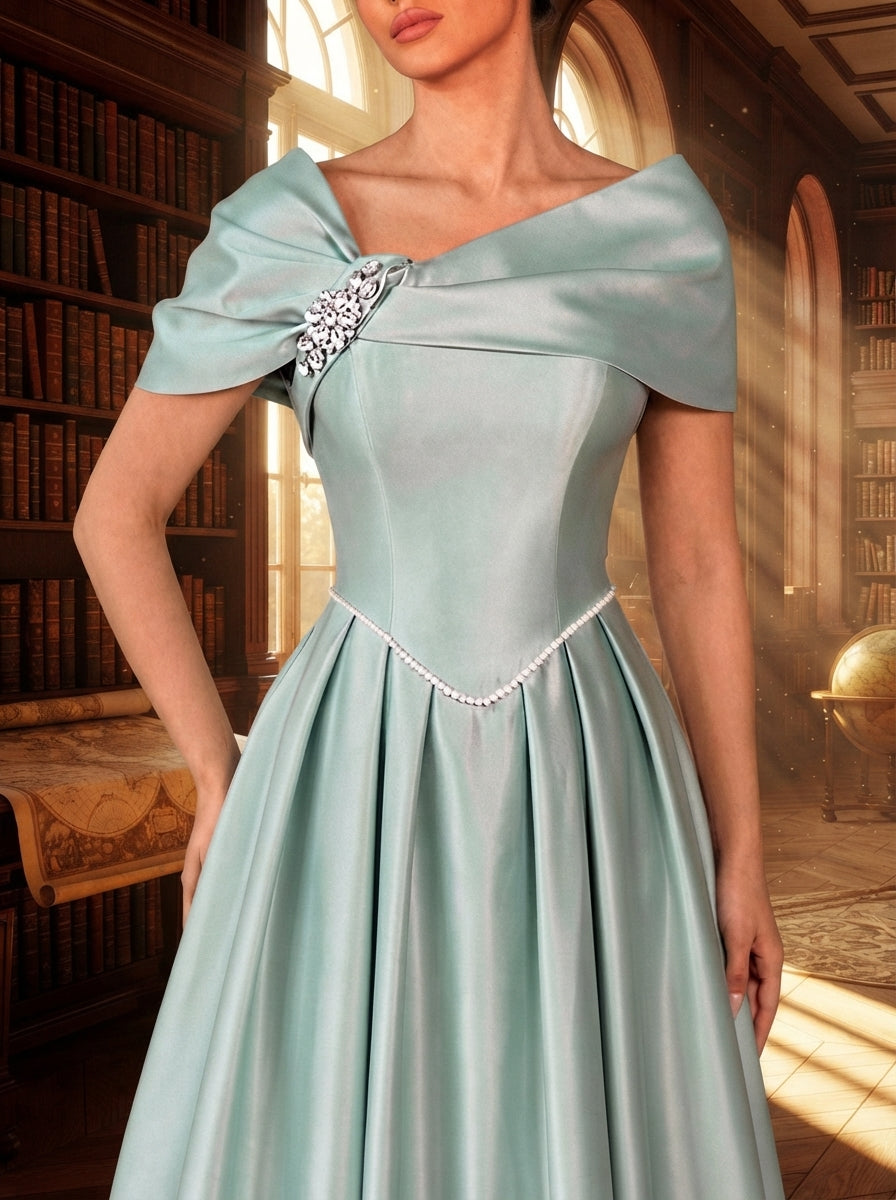 SDE3258 Light Gray-Green Satin Rhinestone Asymmetric Evening Gown