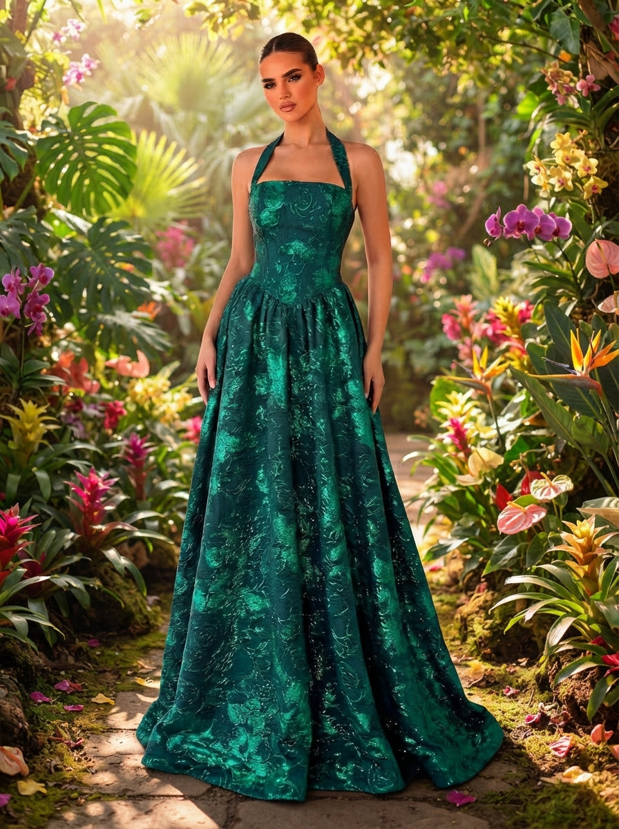 SDE3250 Elegant Burgundy Jacquard Halter Formal Evening Gown