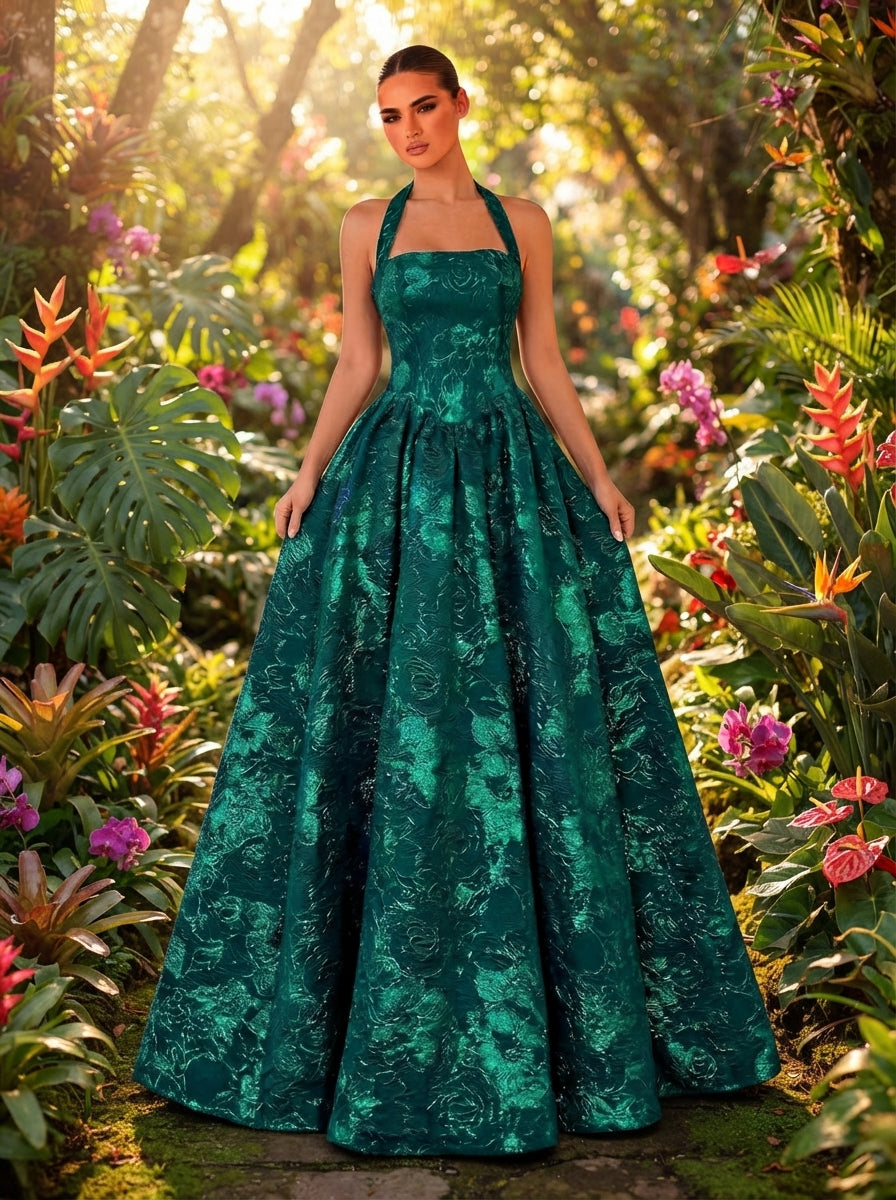 SDE3250 Elegant Burgundy Jacquard Halter Formal Evening Gown