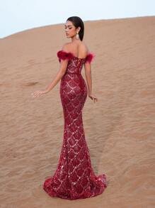SD3219 Feather Accent Crystal Mermaid Gown - UK18(XXL), Burgundy image