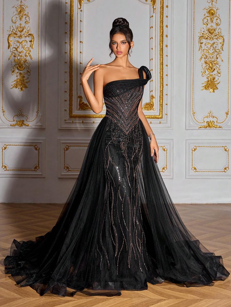 SD3274 3D Shaped Beaded Black High-Slit Gown