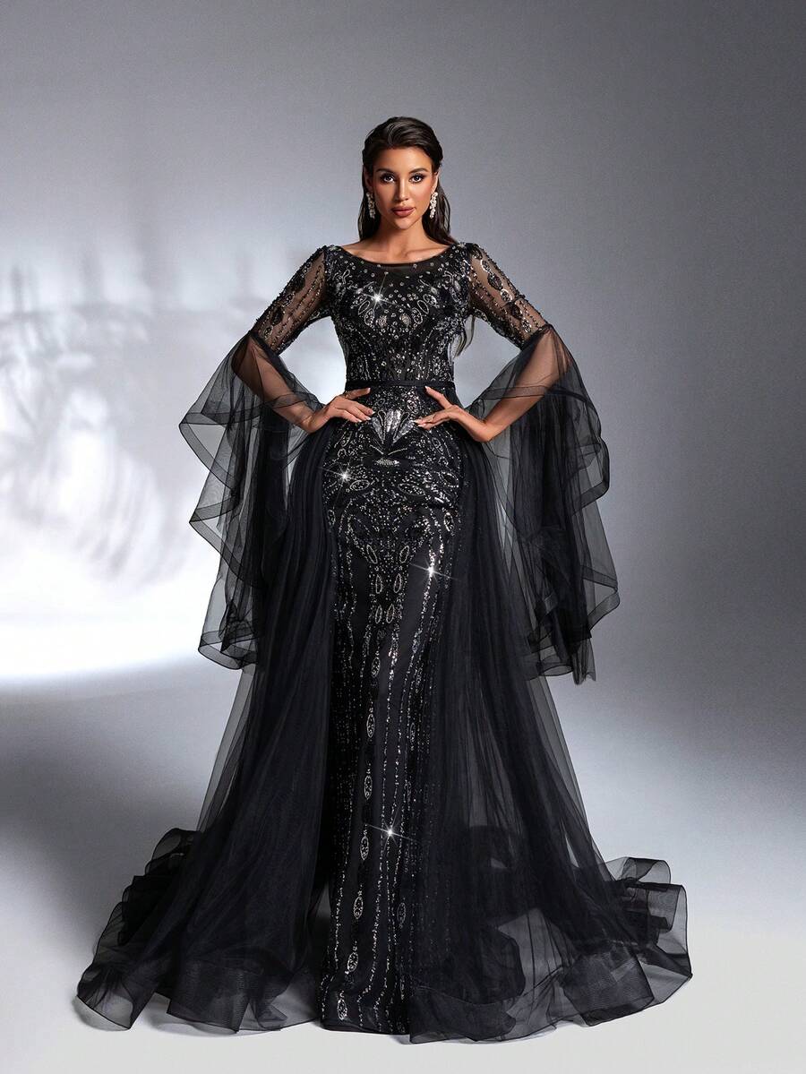 SD3196 Black Beaded Flare-Sleeve Trailing Gown