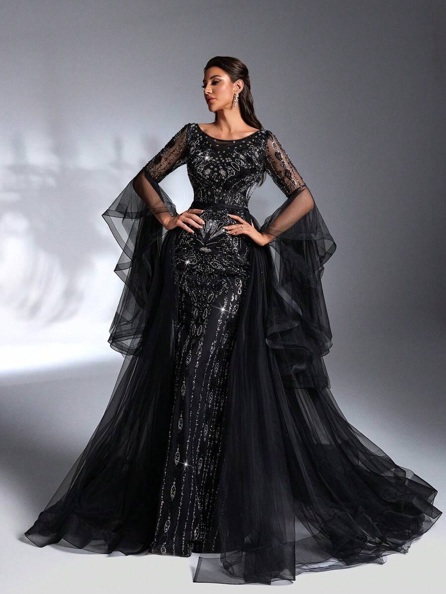 SD3196 Black Beaded Flare-Sleeve Trailing Gown