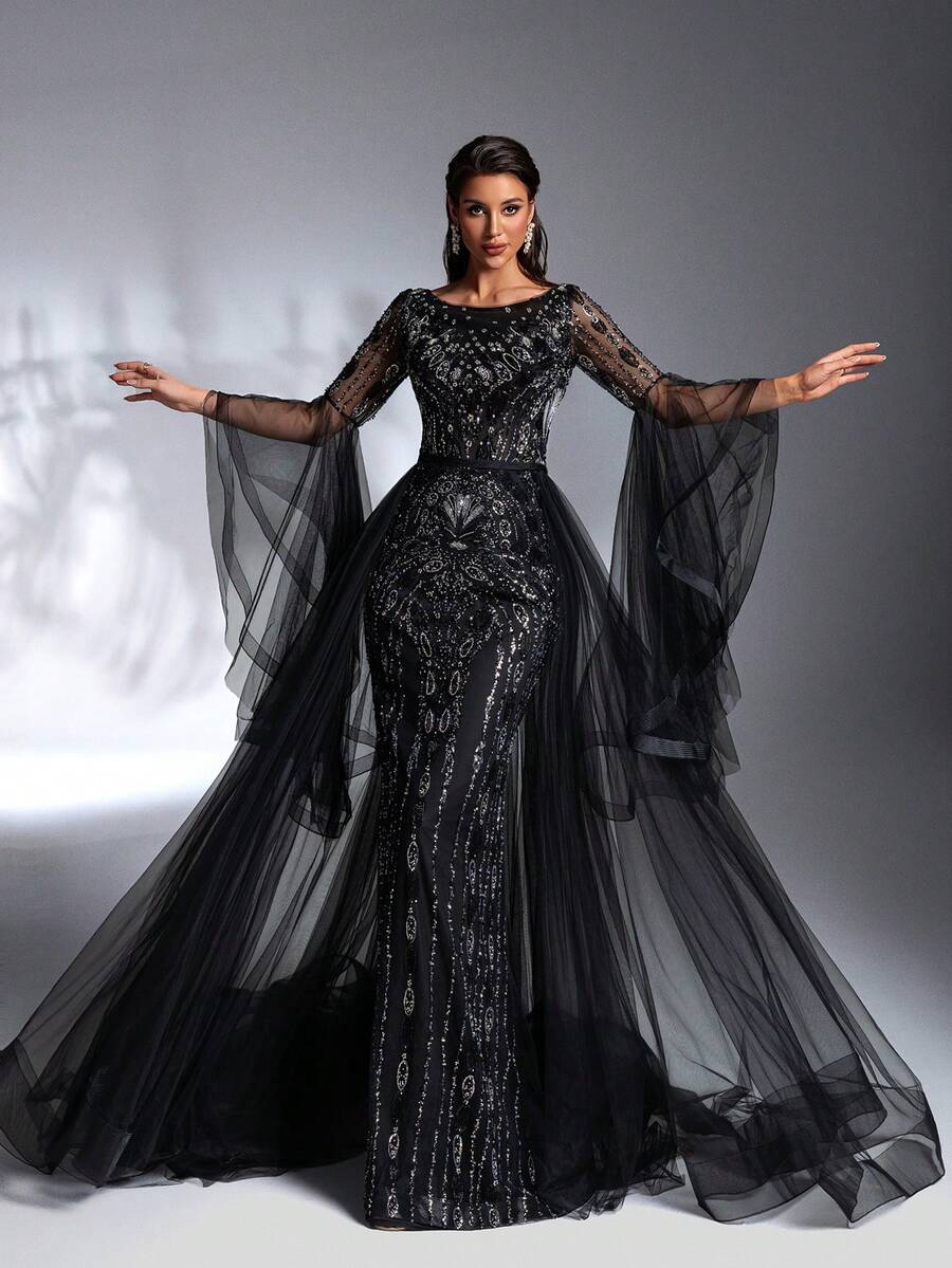 SD3196 Black Beaded Flare-Sleeve Trailing Gown