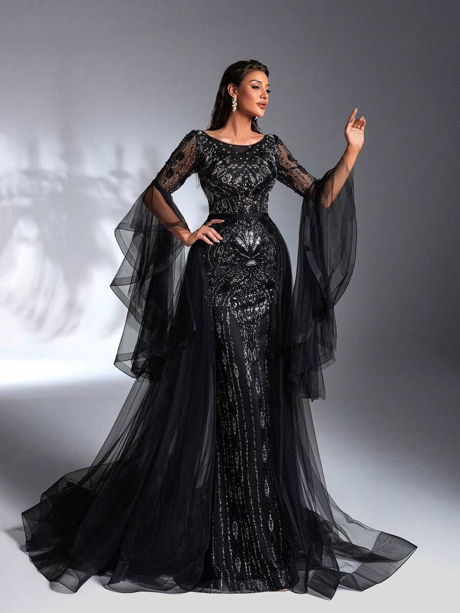 SD3196 Black Beaded Flare-Sleeve Trailing Gown