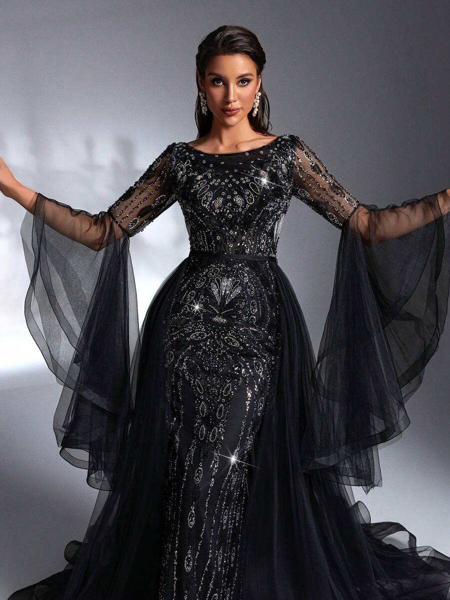 SD3196 Black Beaded Flare-Sleeve Trailing Gown