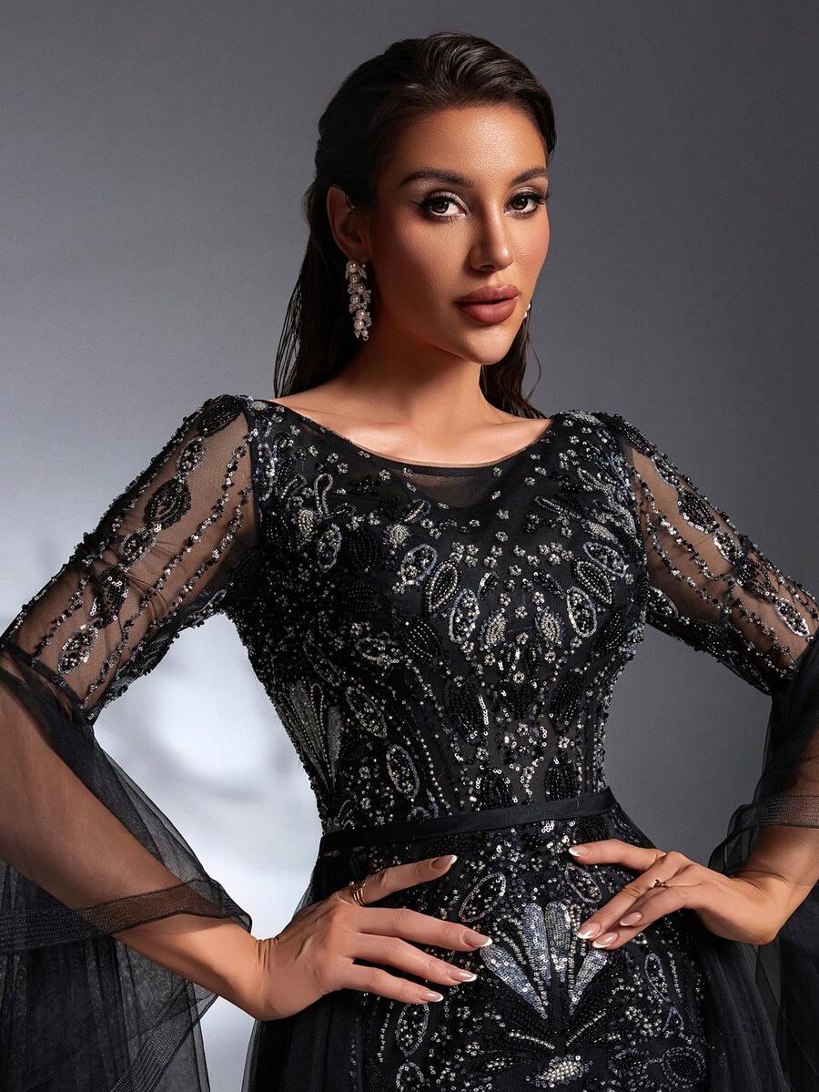 SD3196 Black Beaded Flare-Sleeve Trailing Gown