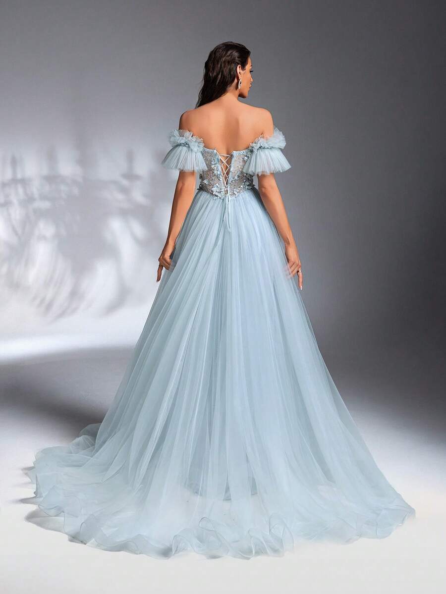 SD3198 Light Blue Floral Off-Shoulder Mesh Gown