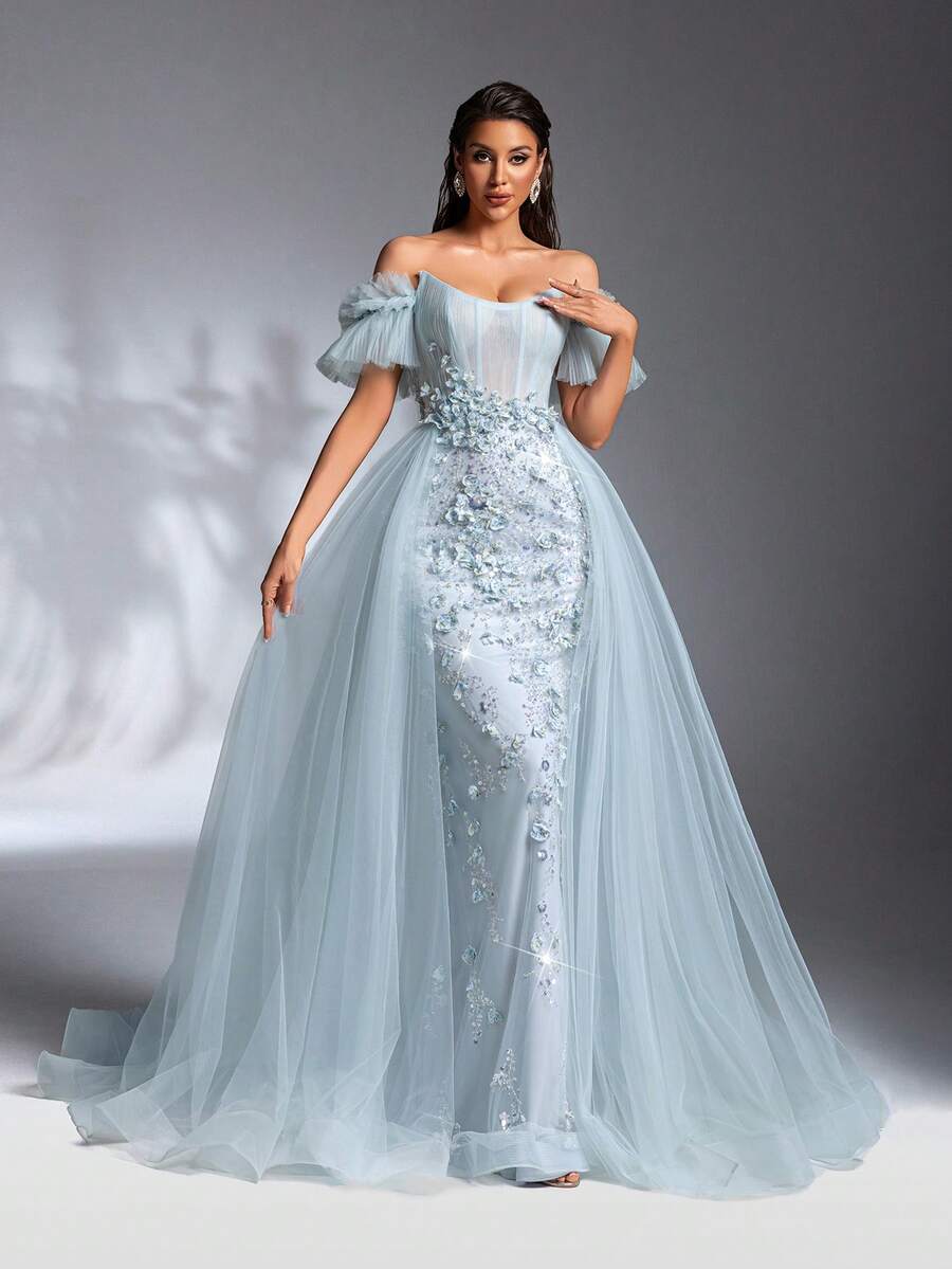 SD3198 Light Blue Floral Off-Shoulder Mesh Gown