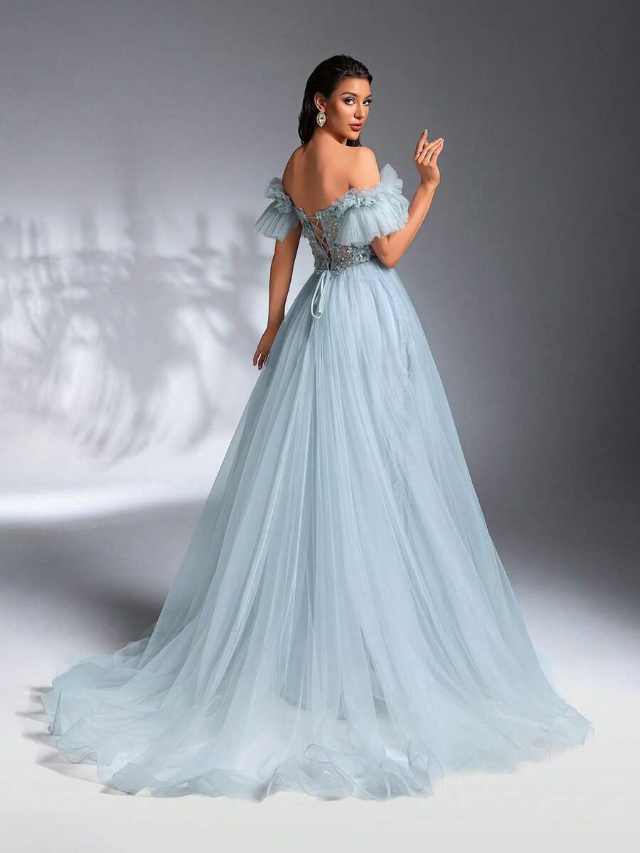 SD3198 Light Blue Floral Off-Shoulder Mesh Gown