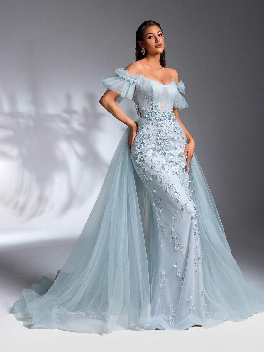 SD3198 Light Blue Floral Off-Shoulder Mesh Gown