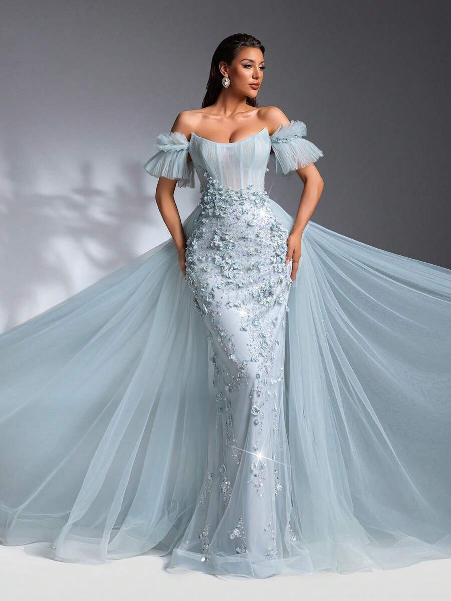 SD3198 Light Blue Floral Off-Shoulder Mesh Gown
