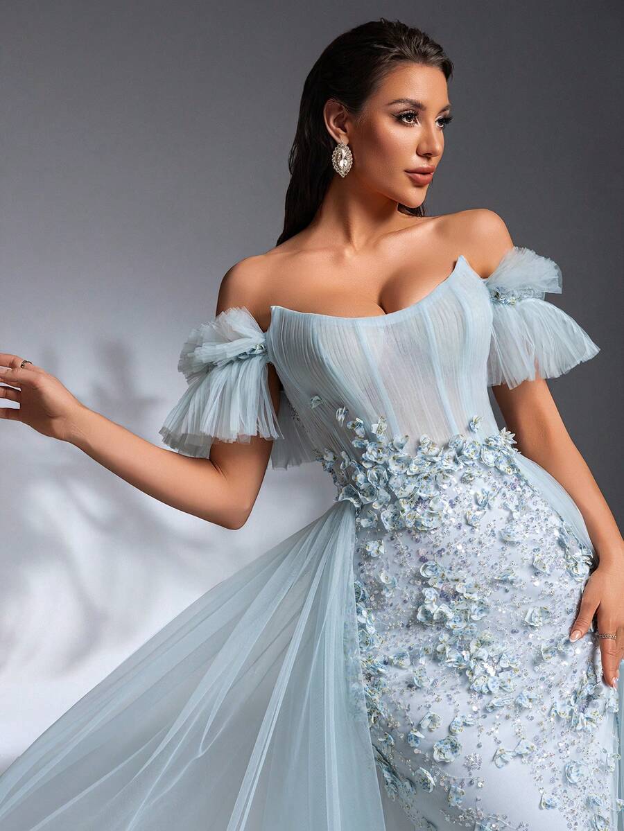 SD3198 Light Blue Floral Off-Shoulder Mesh Gown