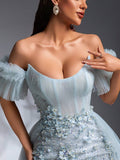 SD3198 Light Blue Floral Off-Shoulder Mesh Gown