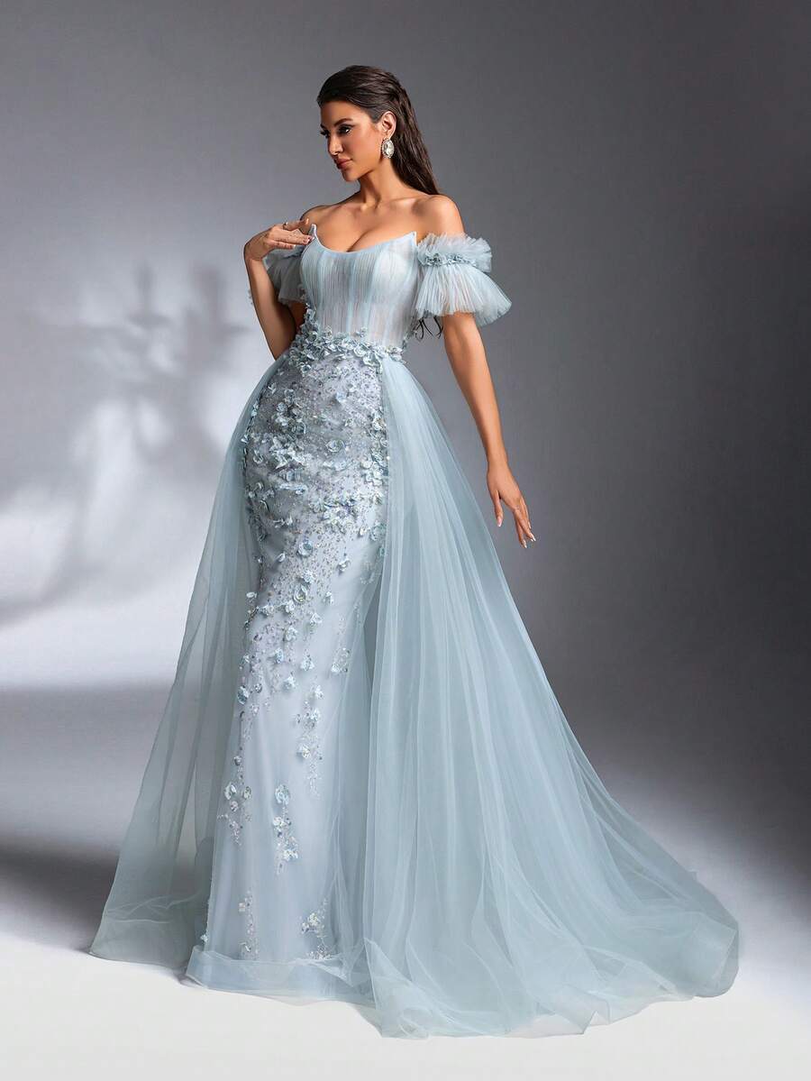 SD3198 Light Blue Floral Off-Shoulder Mesh Gown