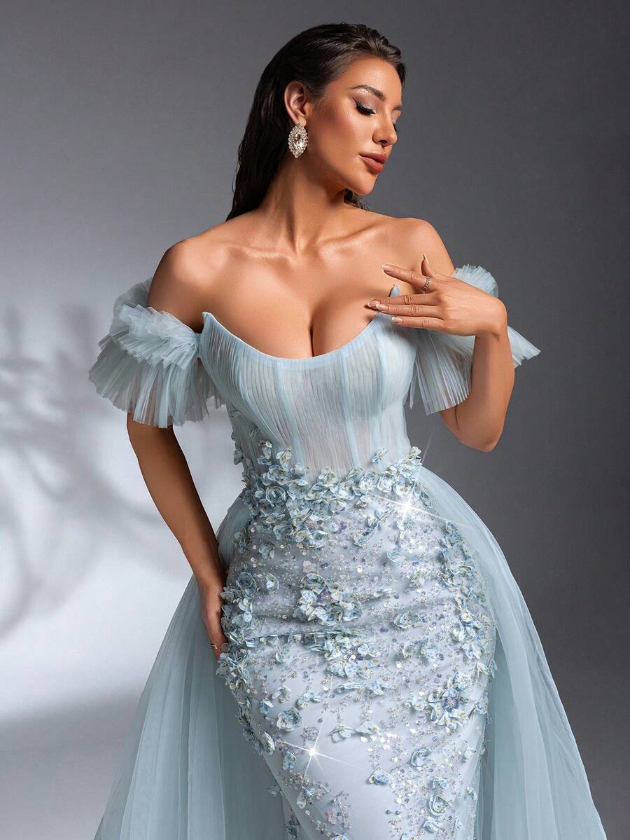SD3198 Light Blue Floral Off-Shoulder Mesh Gown