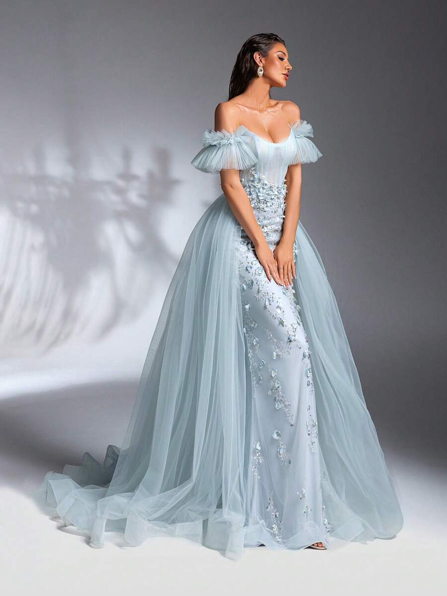 SD3198 Light Blue Floral Off-Shoulder Mesh Gown