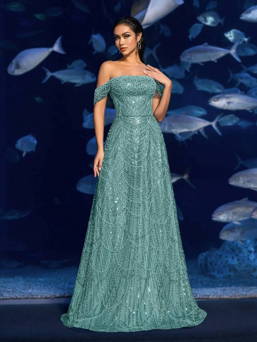 SD3216 Off-Shoulder Shimmering Fish Tail Gown