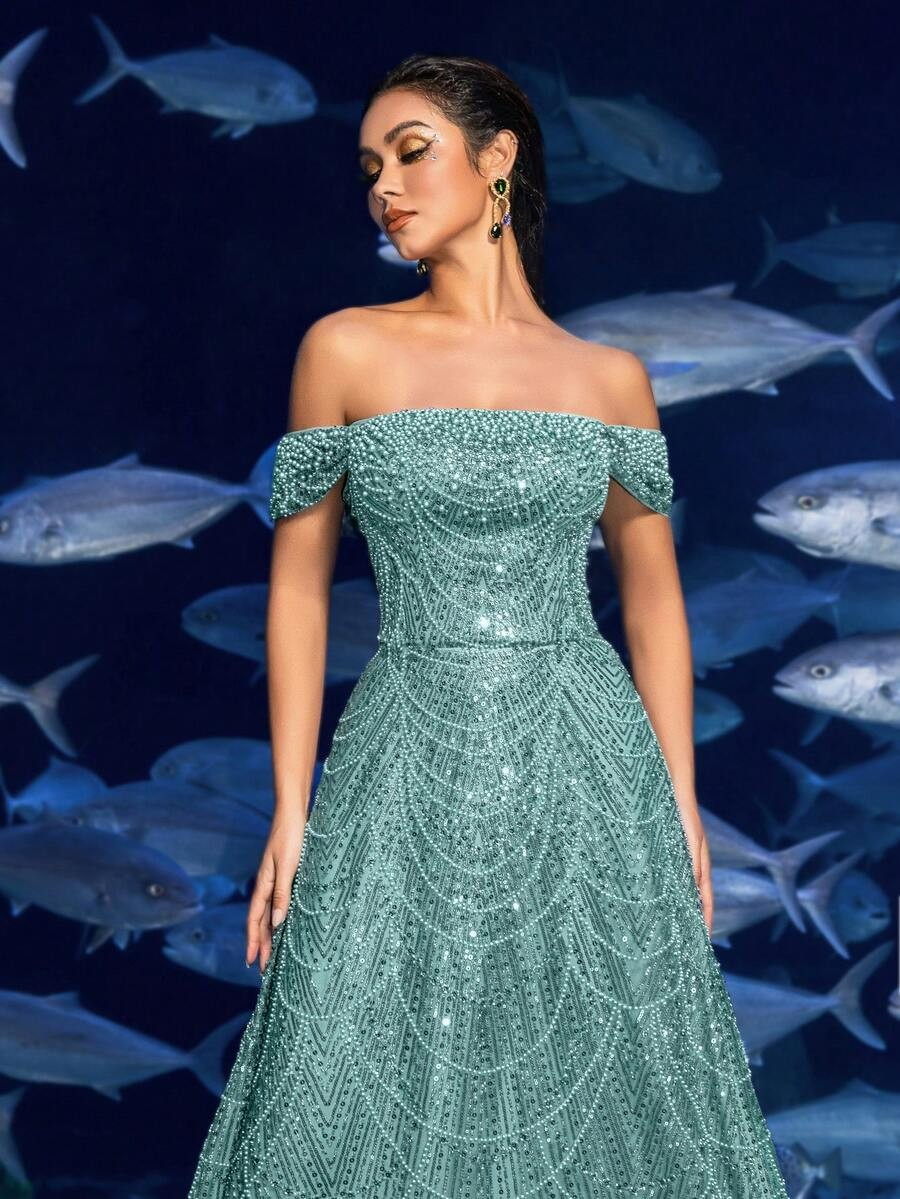 SD3216 Off-Shoulder Shimmering Fish Tail Gown