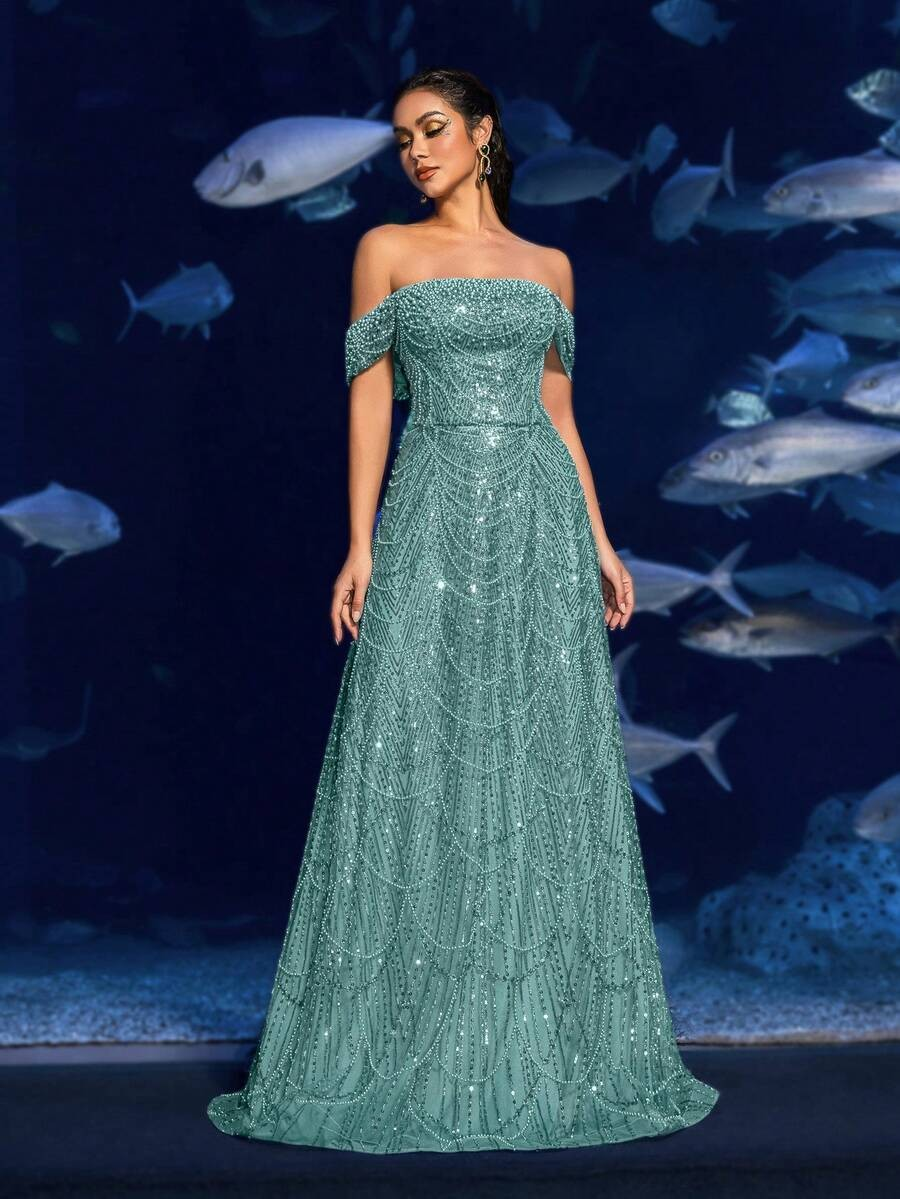 SD3216 Off-Shoulder Shimmering Fish Tail Gown