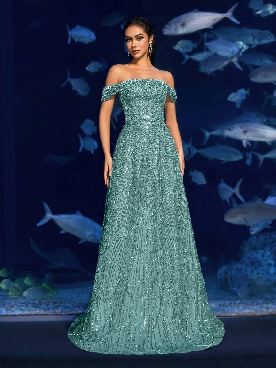 SD3216 Off-Shoulder Shimmering Fish Tail Gown