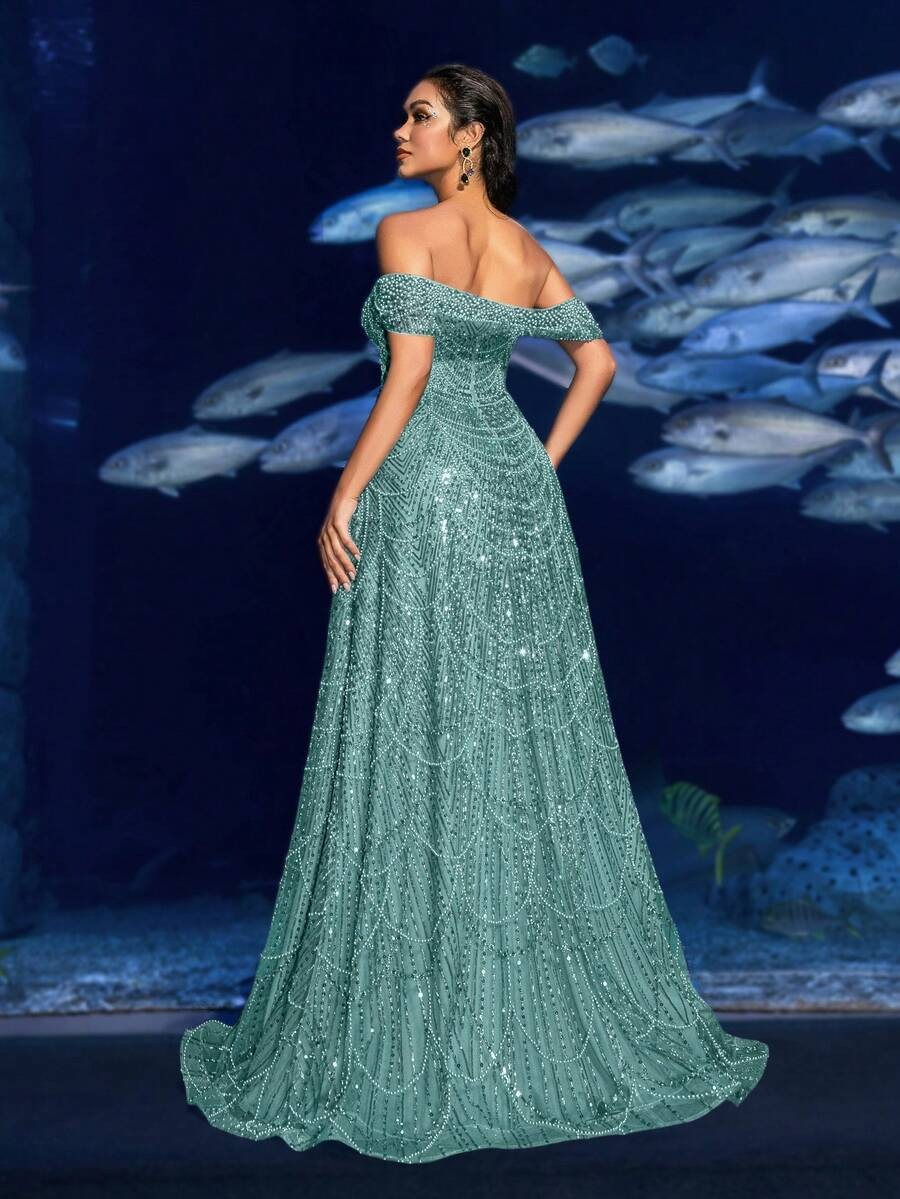 SD3216 Off-Shoulder Shimmering Fish Tail Gown