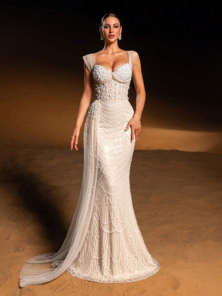 SD3224 V-Neck Long-Sleeve Beaded A-Line Gown