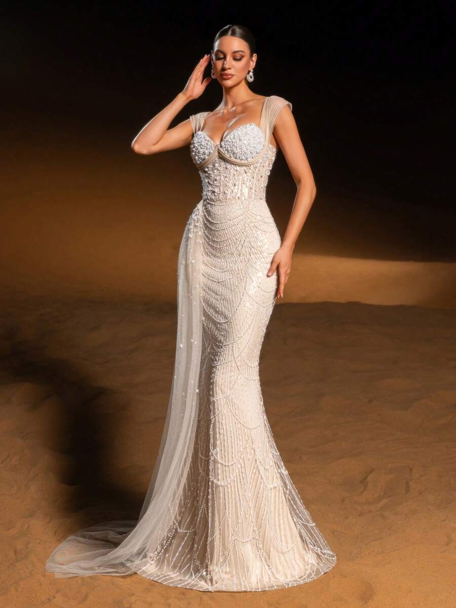 SD3224 V-Neck Long-Sleeve Beaded A-Line Gown