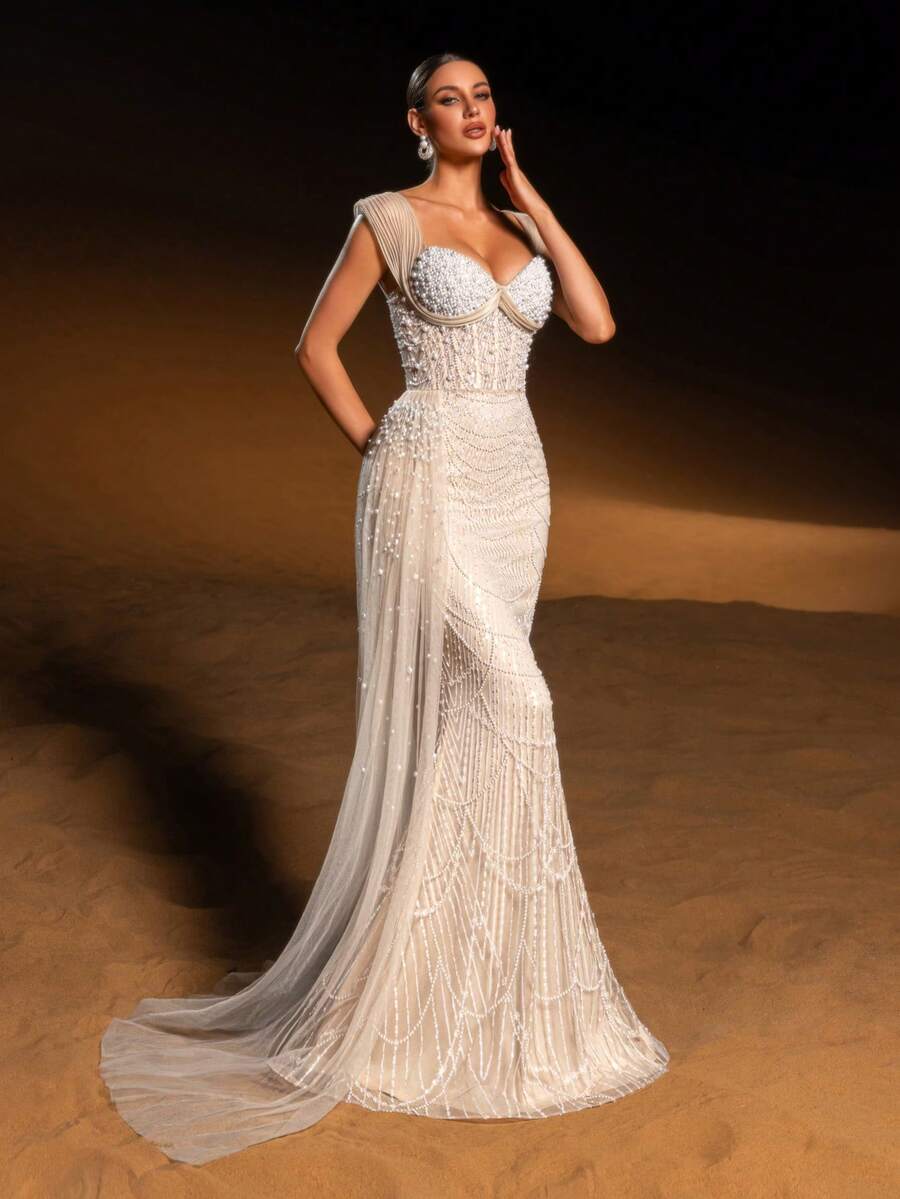 SD3224 V-Neck Long-Sleeve Beaded A-Line Gown