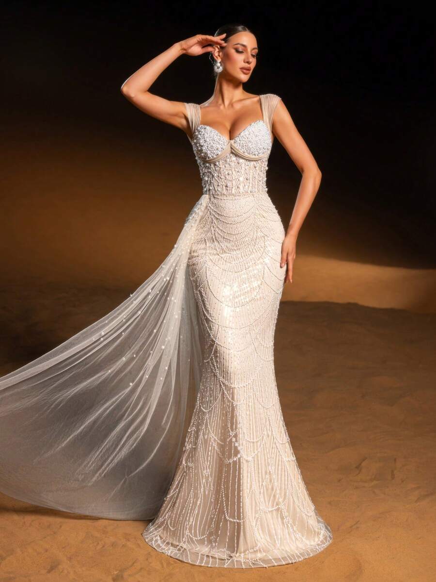 SD3224 V-Neck Long-Sleeve Beaded A-Line Gown