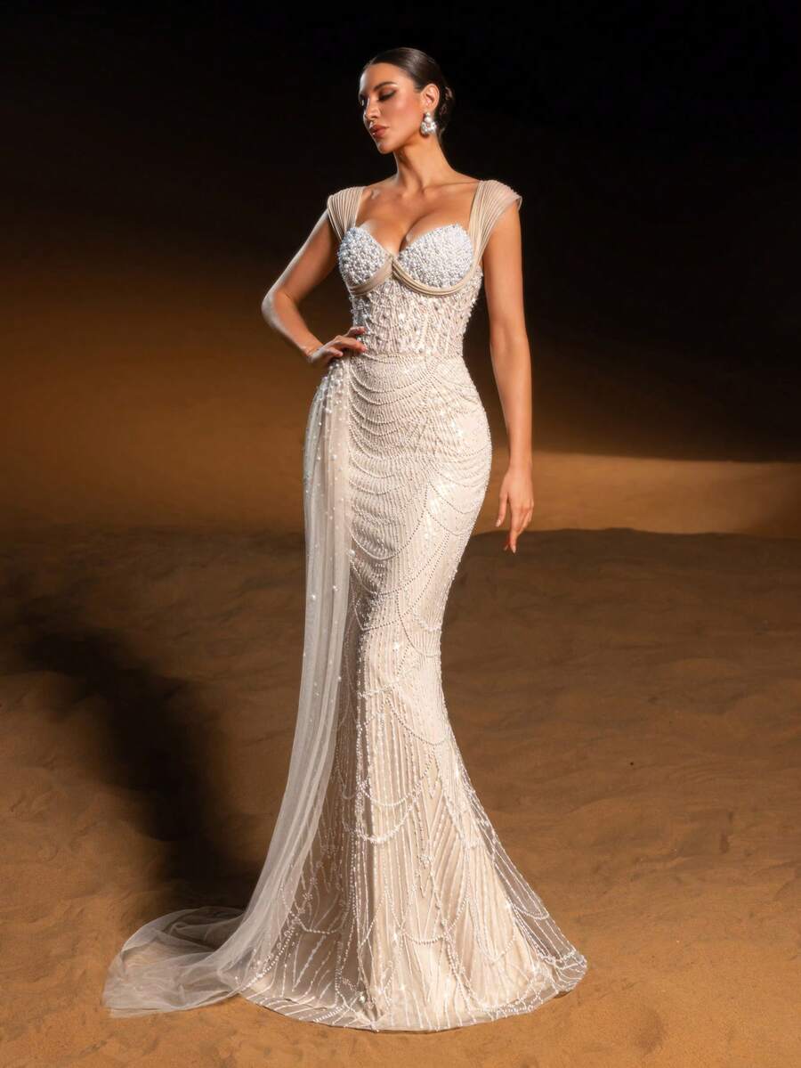 SD3224 V-Neck Long-Sleeve Beaded A-Line Gown