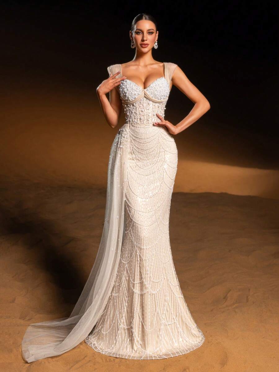 SD3224 V-Neck Long-Sleeve Beaded A-Line Gown