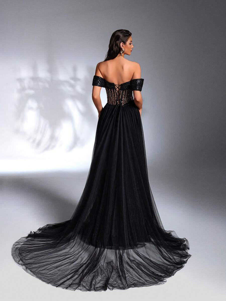 SD3271 Black & Gold Pearl Sequin Trailing Gown