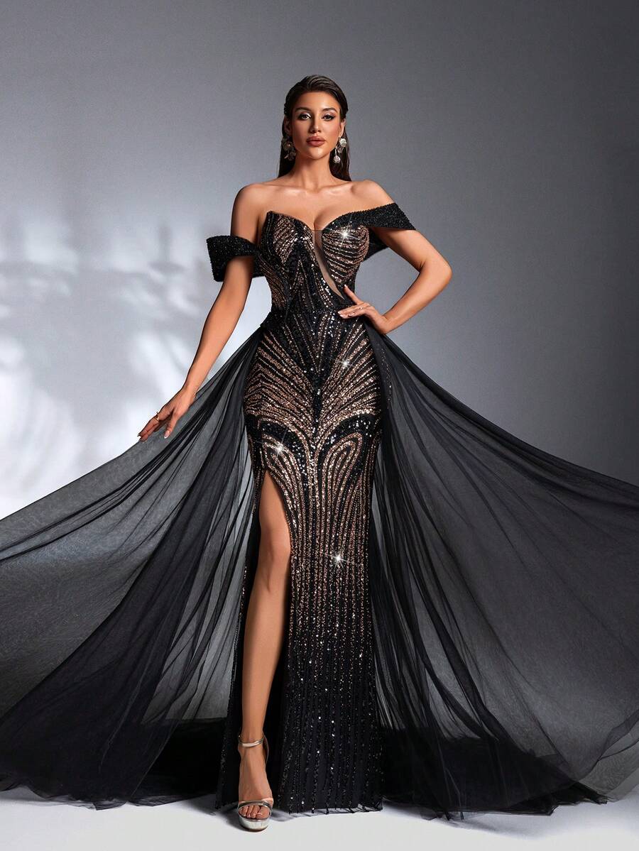 SD3271 Black & Gold Pearl Sequin Trailing Gown