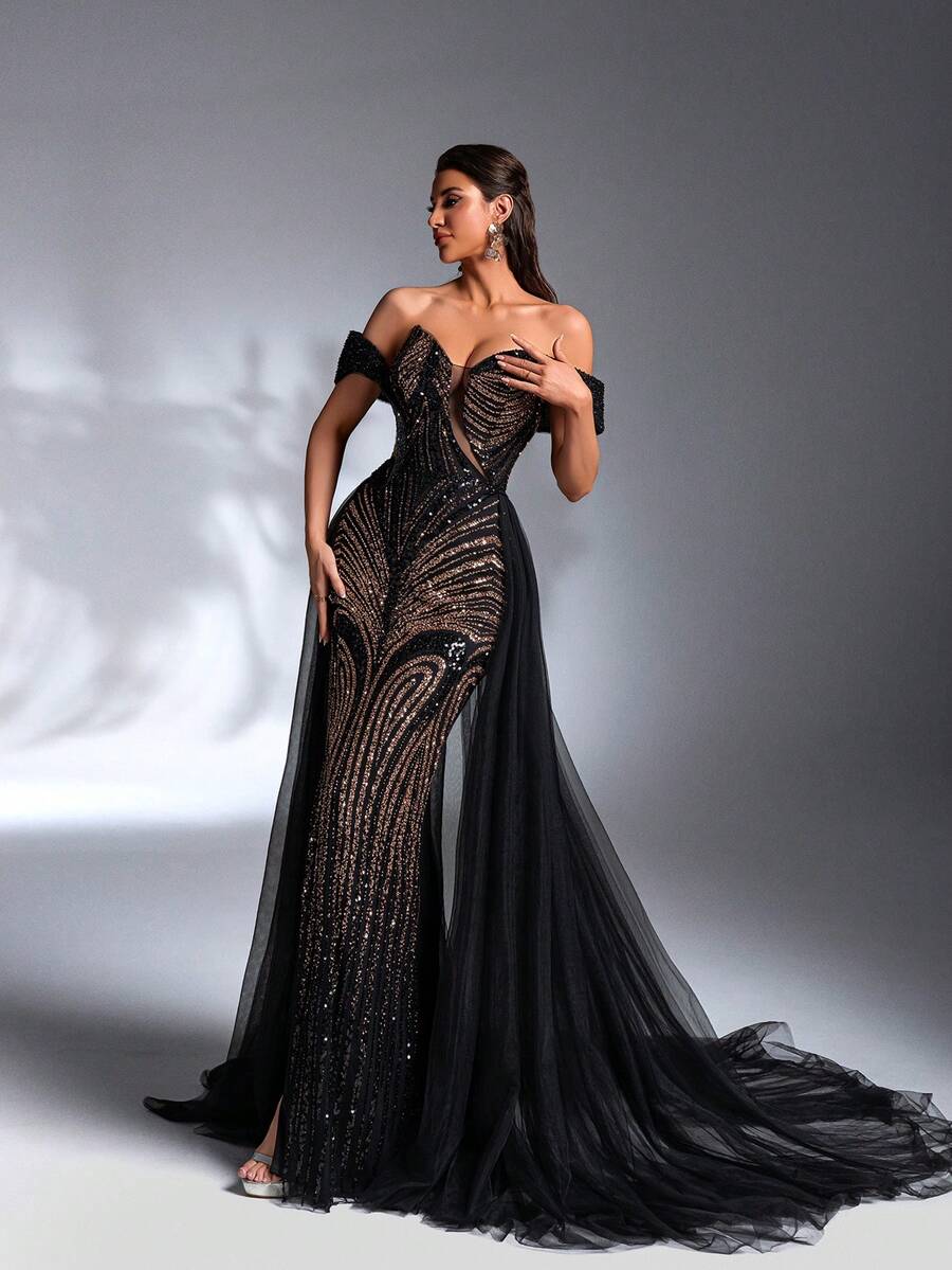 SD3271 Black & Gold Pearl Sequin Trailing Gown