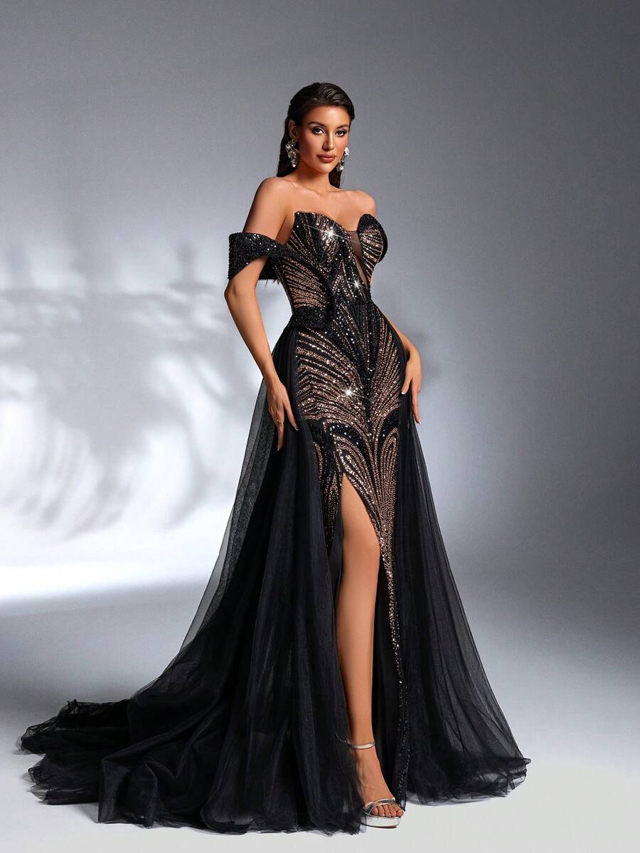 SD3271 Black & Gold Pearl Sequin Trailing Gown