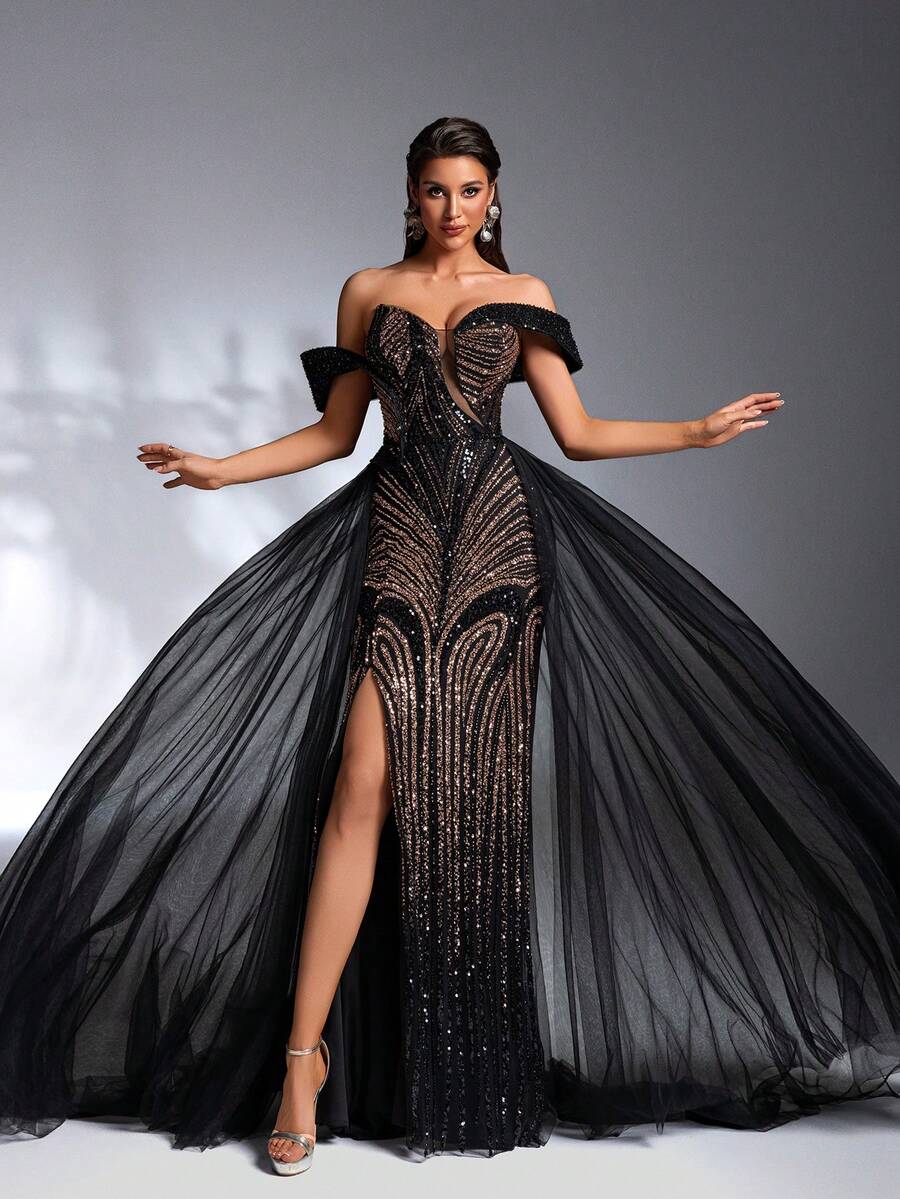 SD3271 Black & Gold Pearl Sequin Trailing Gown