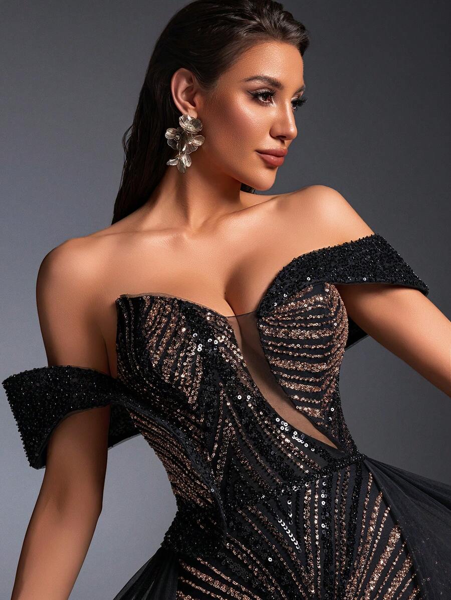 SD3271 Black & Gold Pearl Sequin Trailing Gown