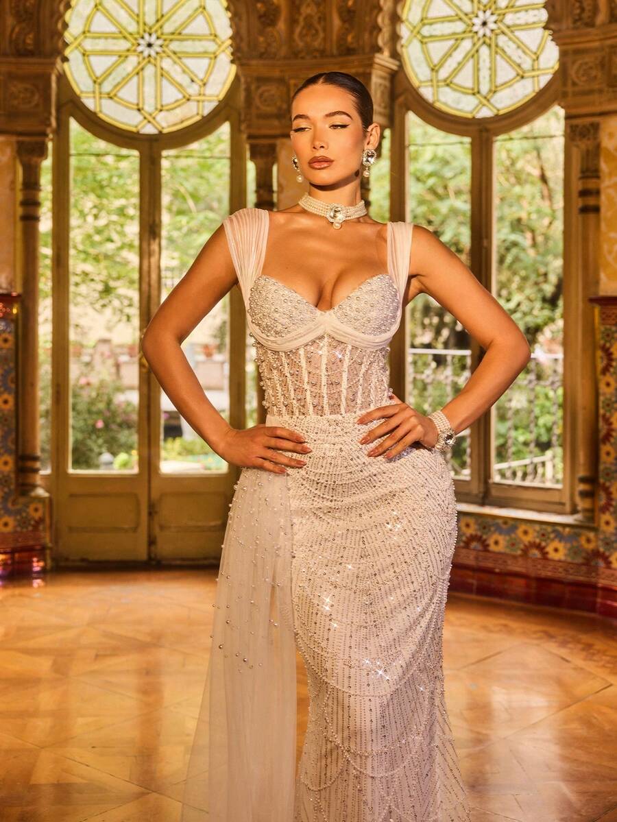 SD3224 V-Neck Long-Sleeve Beaded A-Line Gown