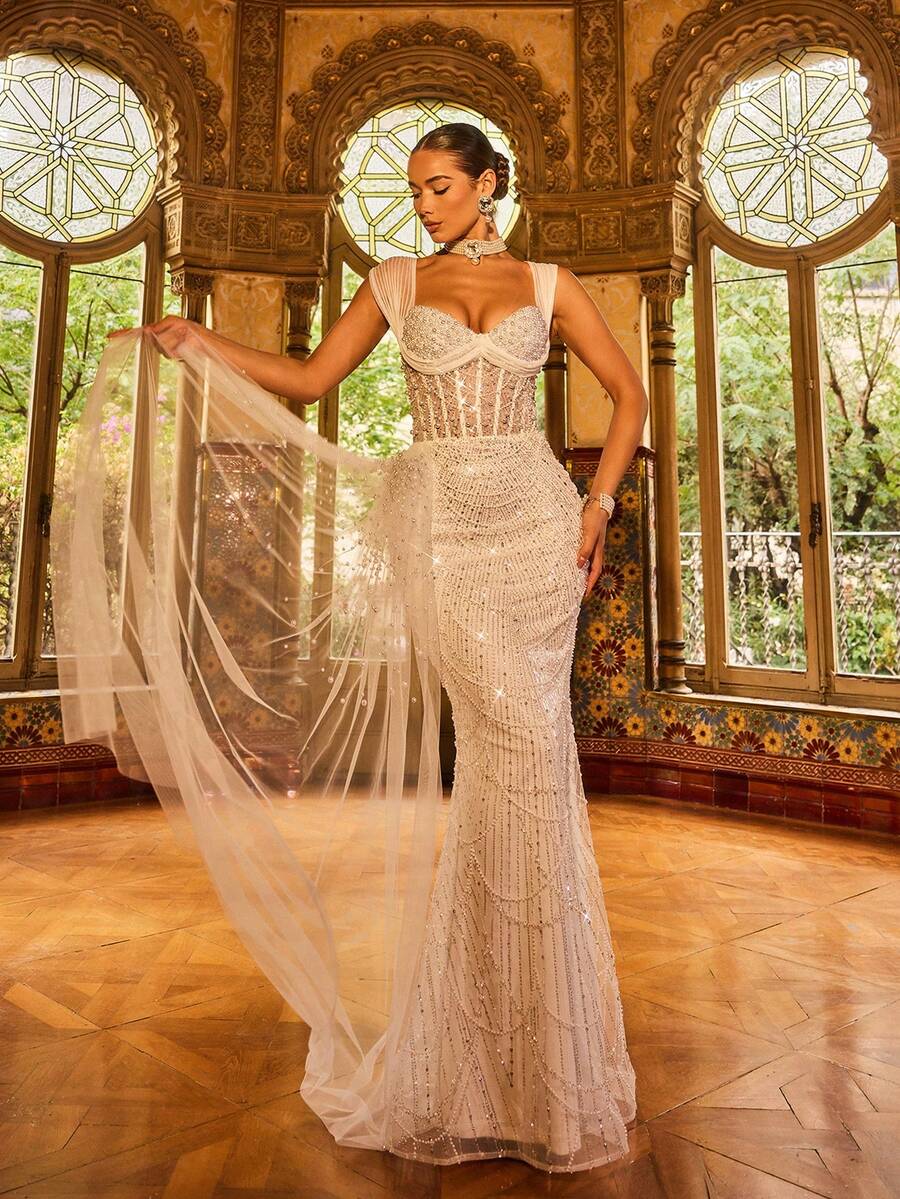 SD3224 V-Neck Long-Sleeve Beaded A-Line Gown