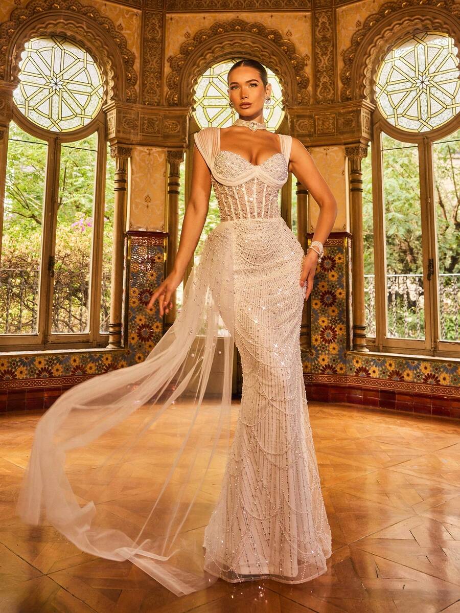 SD3224 V-Neck Long-Sleeve Beaded A-Line Gown