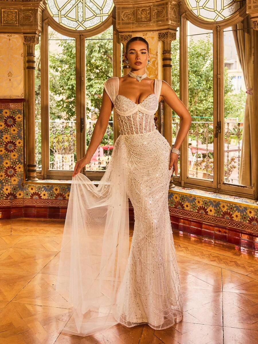 SD3224 V-Neck Long-Sleeve Beaded A-Line Gown