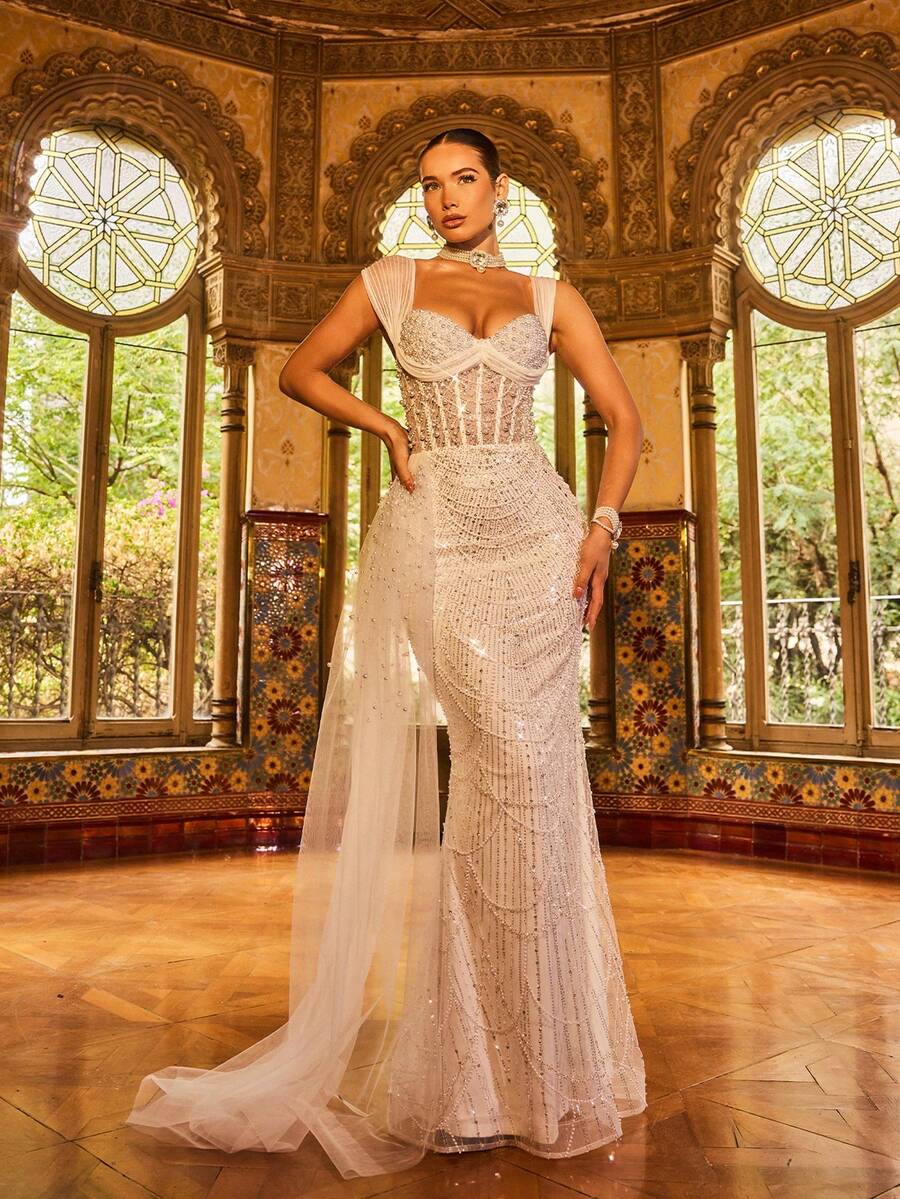 SD3224 V-Neck Long-Sleeve Beaded A-Line Gown