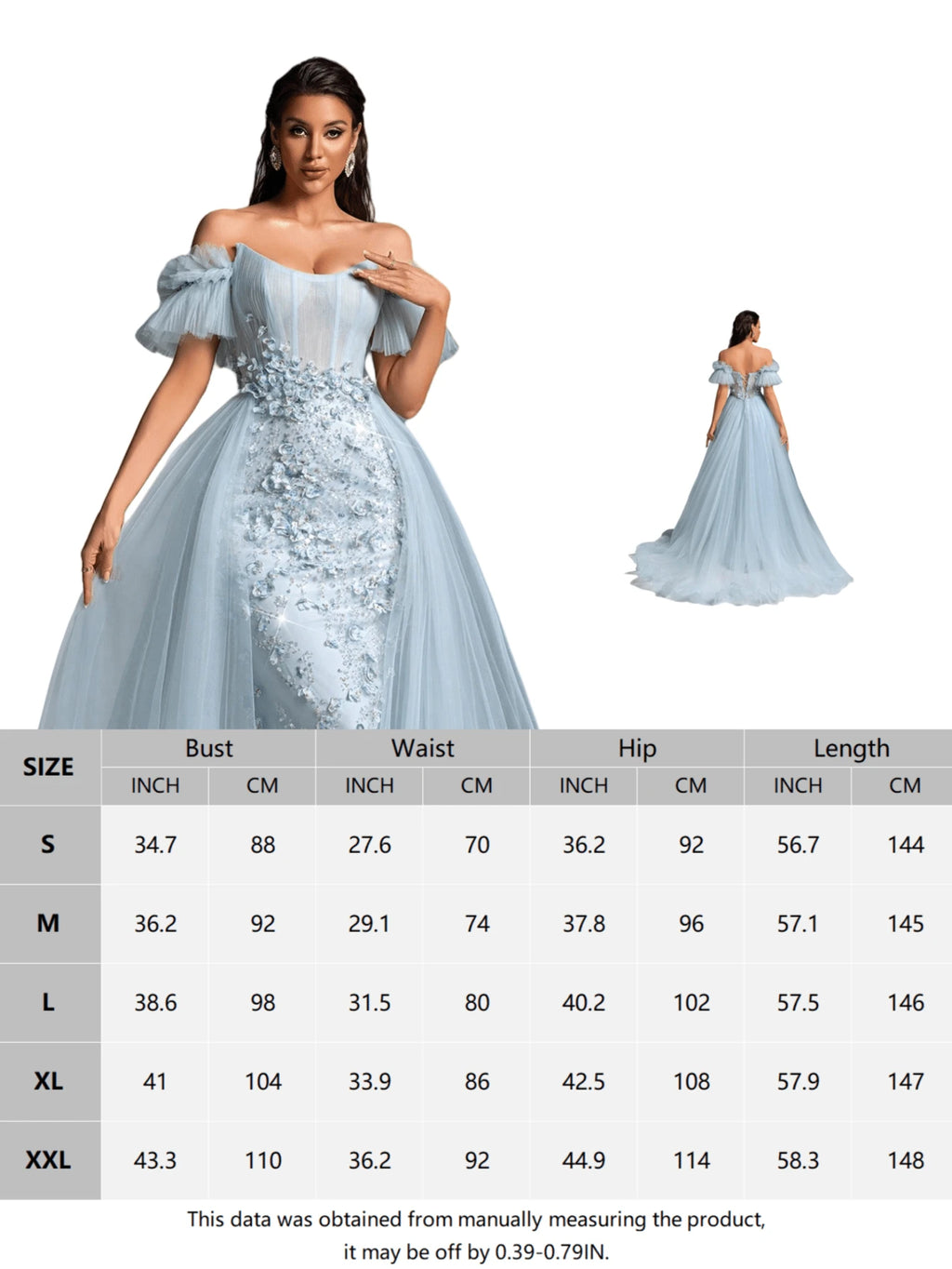 SD3198 Light Blue Floral Off-Shoulder Mesh Gown