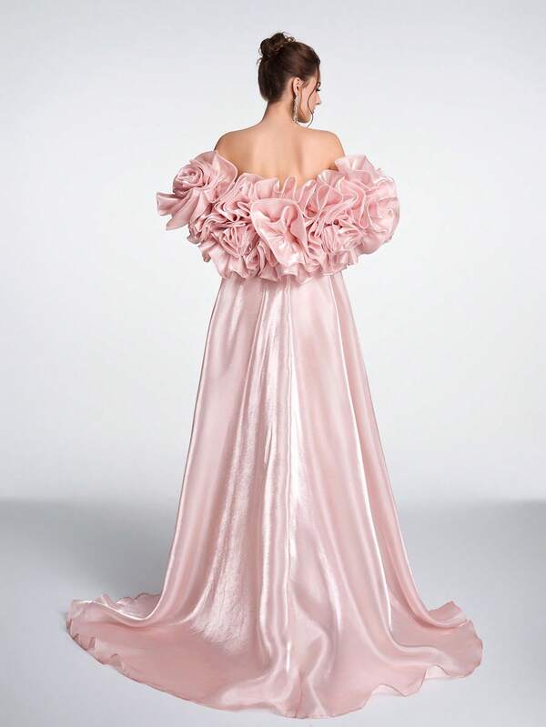 SDE3233 Anymoon Luxury Matte Satin Mermaid Gown – Rhinestone Beaded 3D Rose Puff Sleeve Formal Evening Dress UK